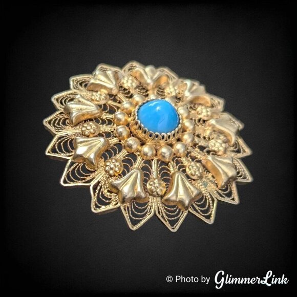 Vintage Sterling Silver Gilt Filigree Round Teal Cabochon Brooch Pin - Picture 2 of 7